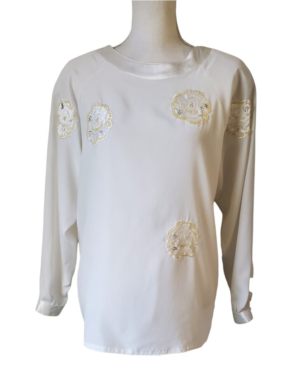 Vintage PM Collection Rose Applique Sequin Blouse Full Pearl Button Back Size 12